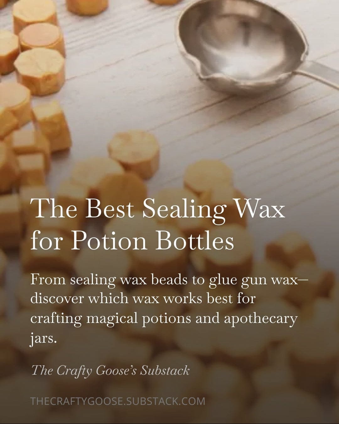 Sealing wax beads arranged in a circle with a spoon on a wooden surface, text overlay about the best sealing wax for potion bottles.