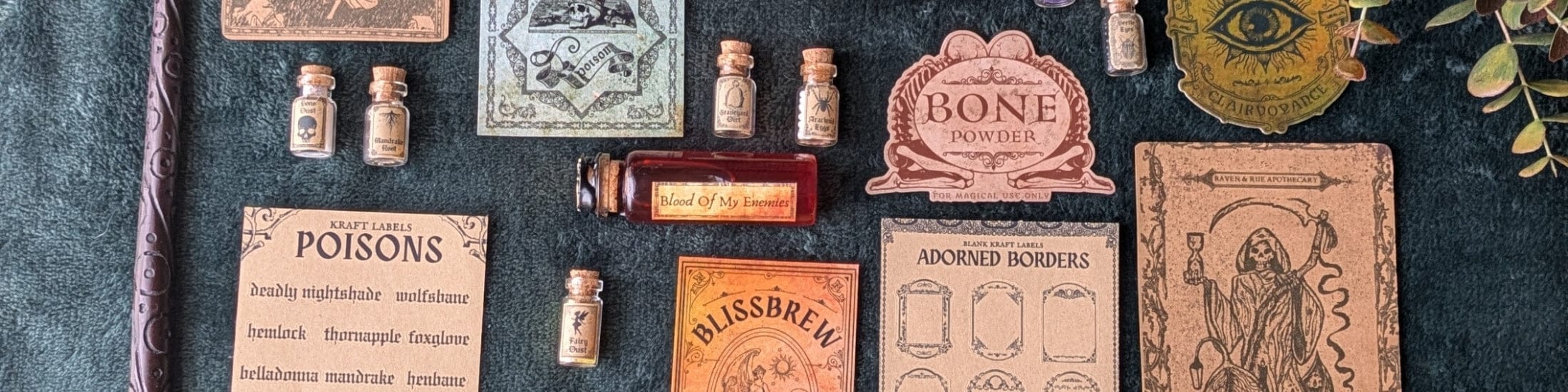 Vintage-style potion bottles and labels on a dark background