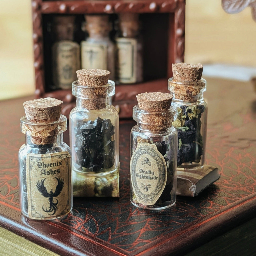 Miniature Nightshade Witchy Dollhouse Potion Bottles – 1:12 Scale Miniature Apothecary Jars