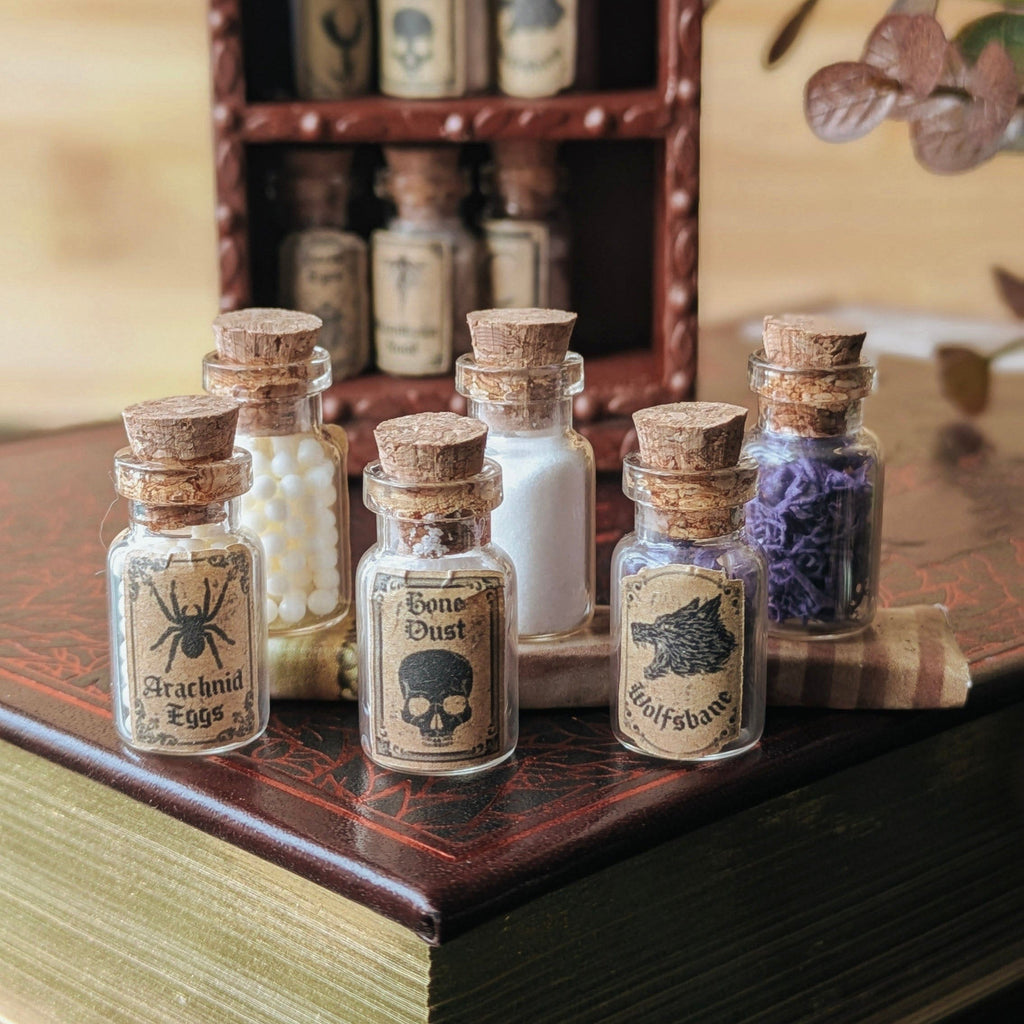 Miniature Spider Eggs Witchy Dollhouse Potion Bottles – 1:12 Scale Miniature Apothecary Jars