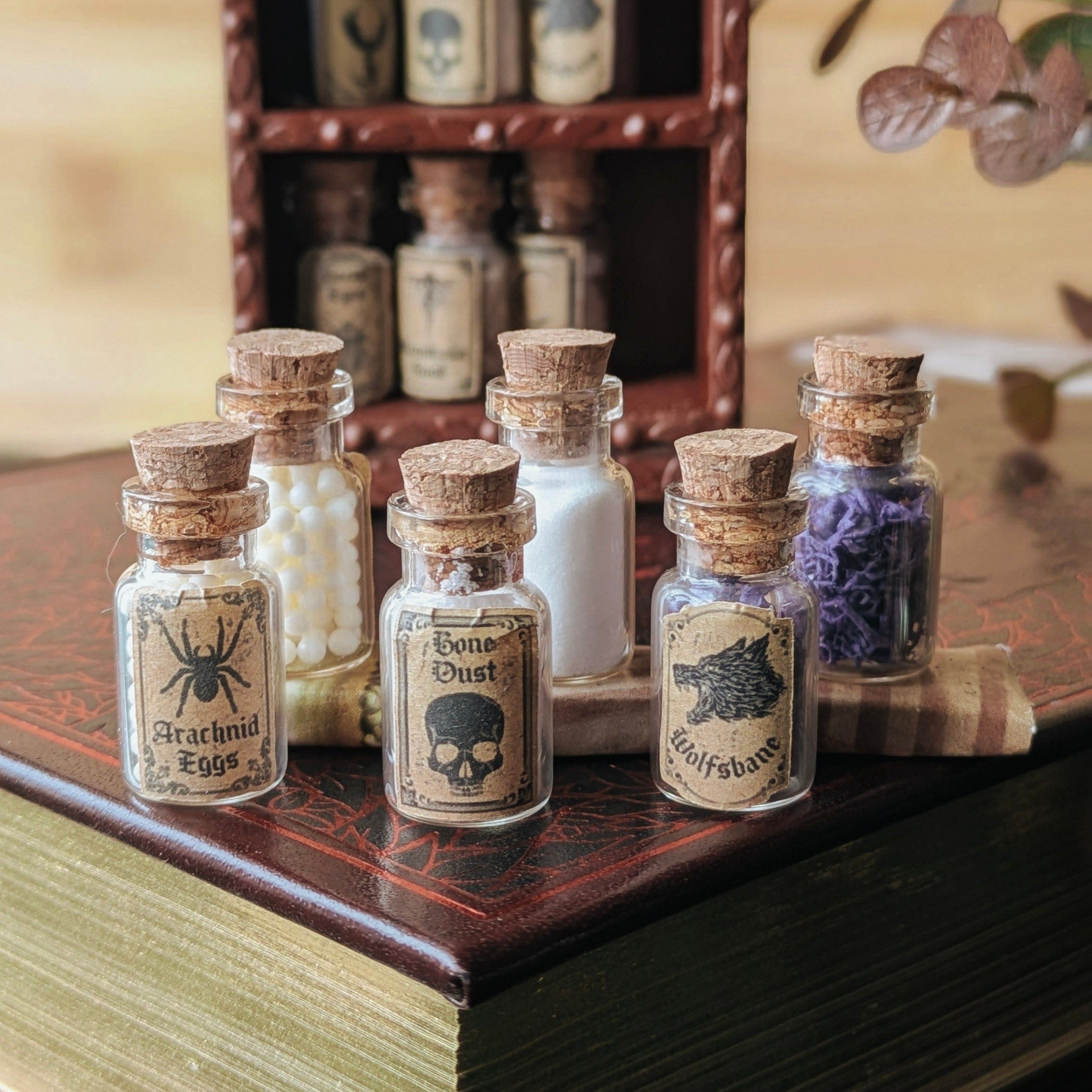 Miniature Spider Eggs Witchy Dollhouse Potion Bottles – 1:12 Scale Miniature Apothecary Jars