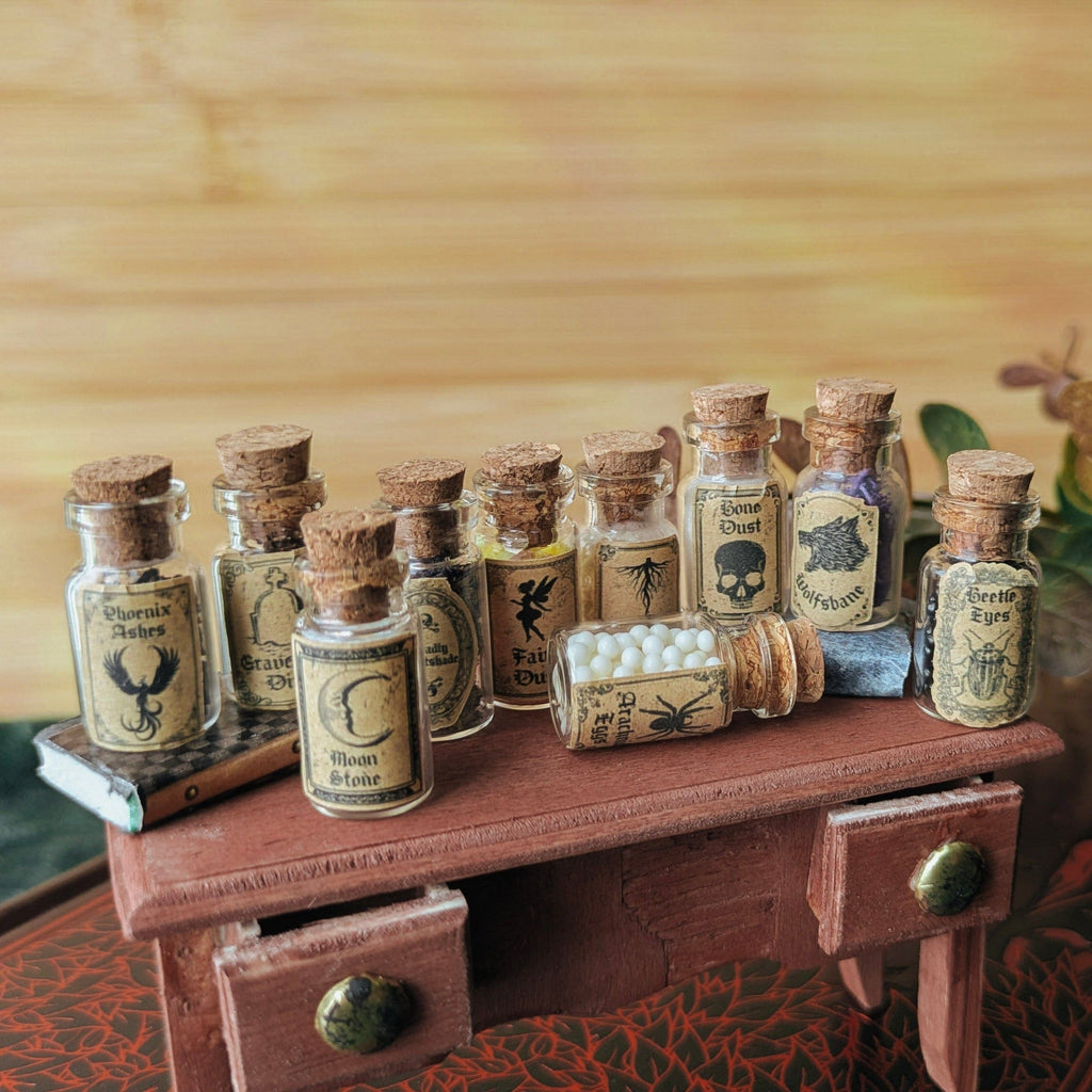 Miniature Witchy Dollhouse Potion Bottles – 1:12 Scale Miniature Apothecary Jars