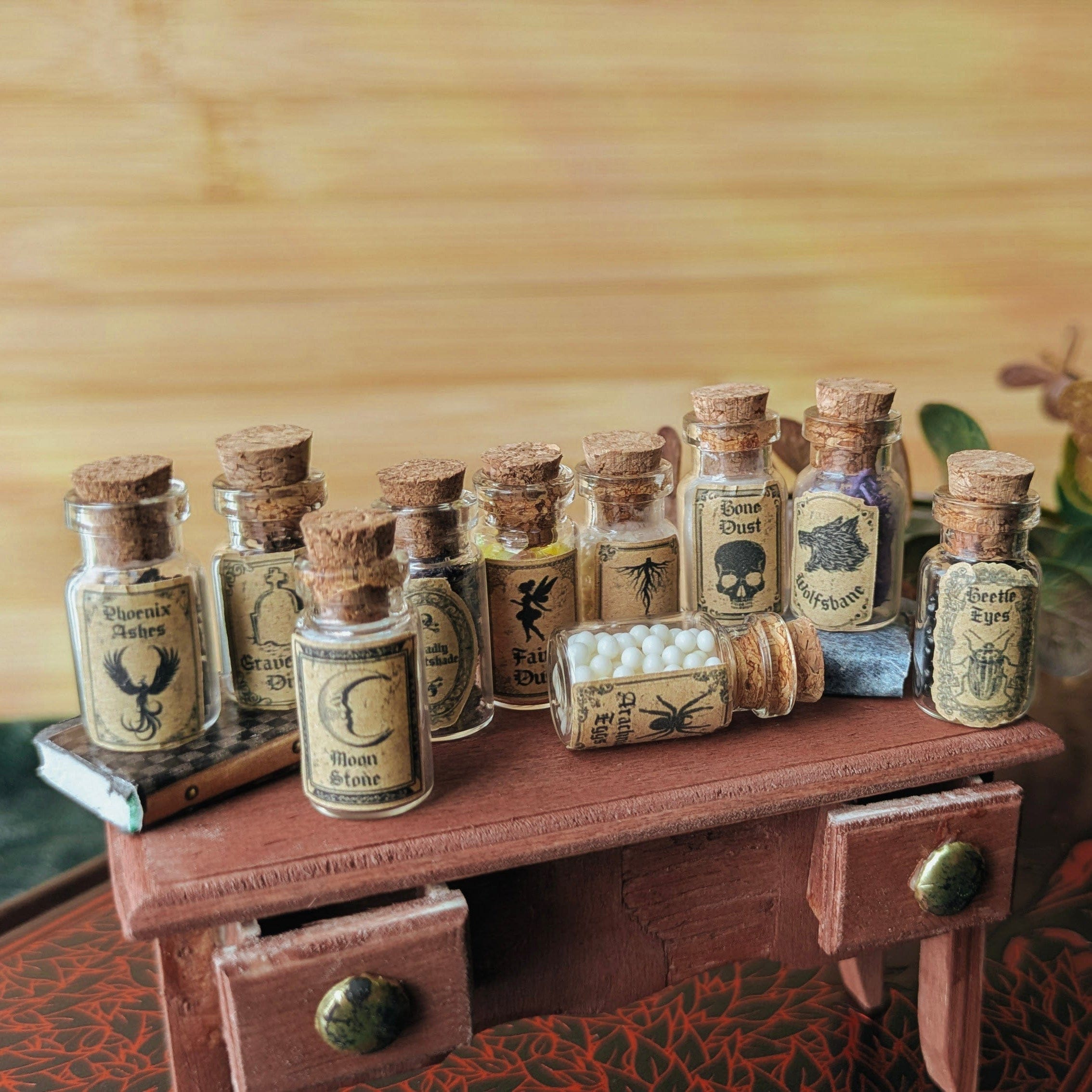Miniature Witchy Dollhouse Potion Bottles – 1:12 Scale Miniature Apothecary Jars